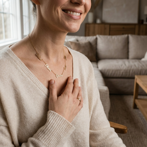 Woman wearing gold five-name necklace