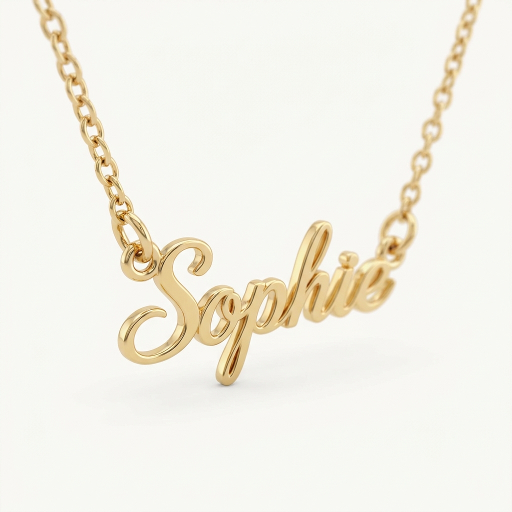 Gold cursive nameplate close-up